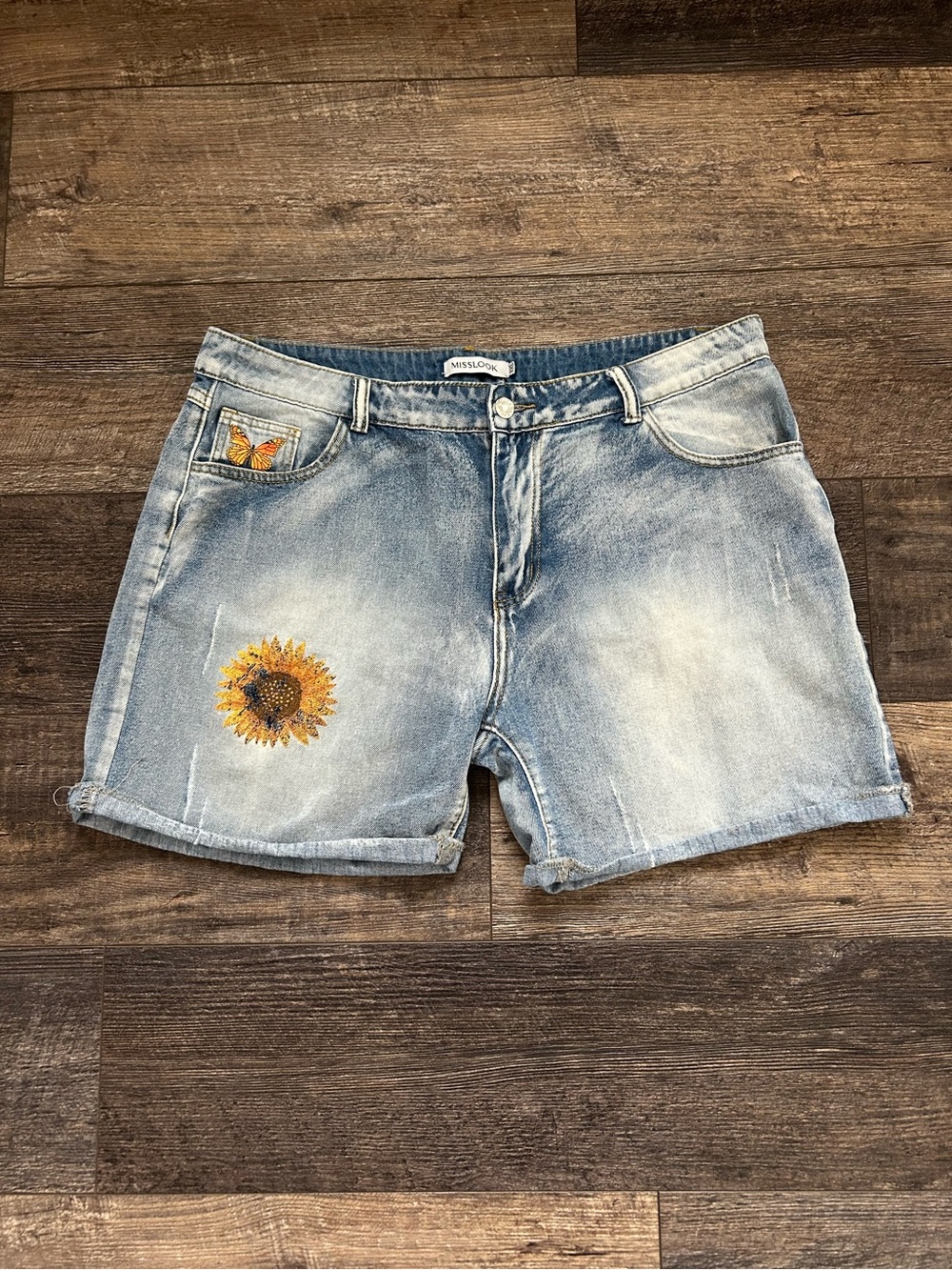 Cute High Rise Denim Jean Shorts Summer Womens Sz XXL | Sunflower & Butterfly |